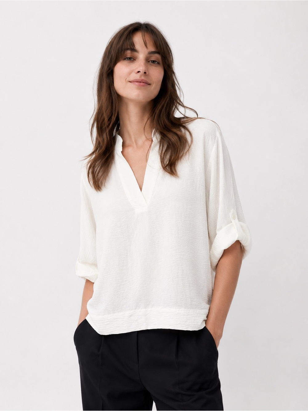 Calvin Klein White Textured Roll-Tab Sleeve Blouse Large
